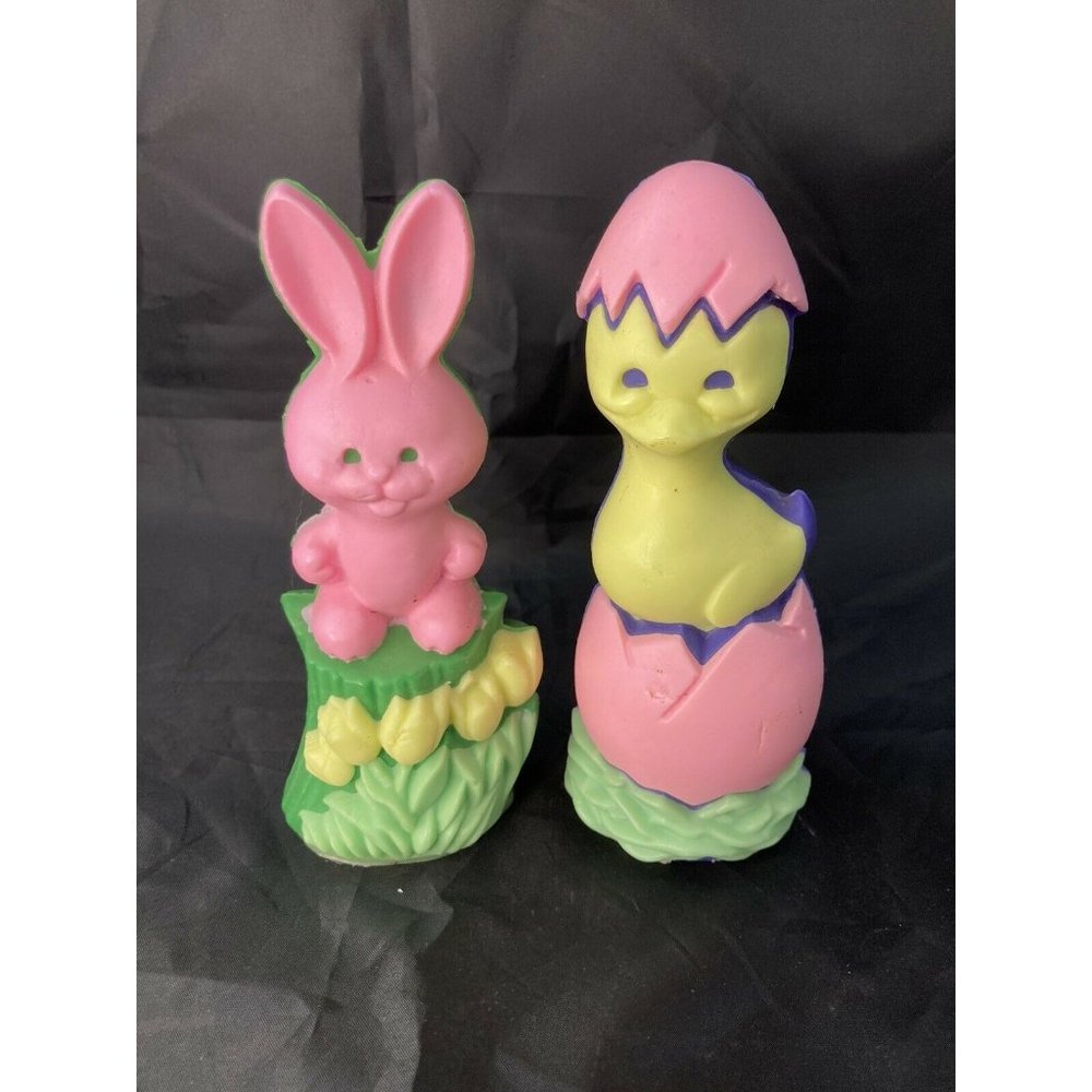 Retro 90s Vintage Hard Wax Easter Decoration Cake Topper Pink Purple Chick Bunny
